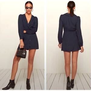 Reformation Women’s 6 Navy Blue Woodbury Button Up Long Sleeve Mini Dress
